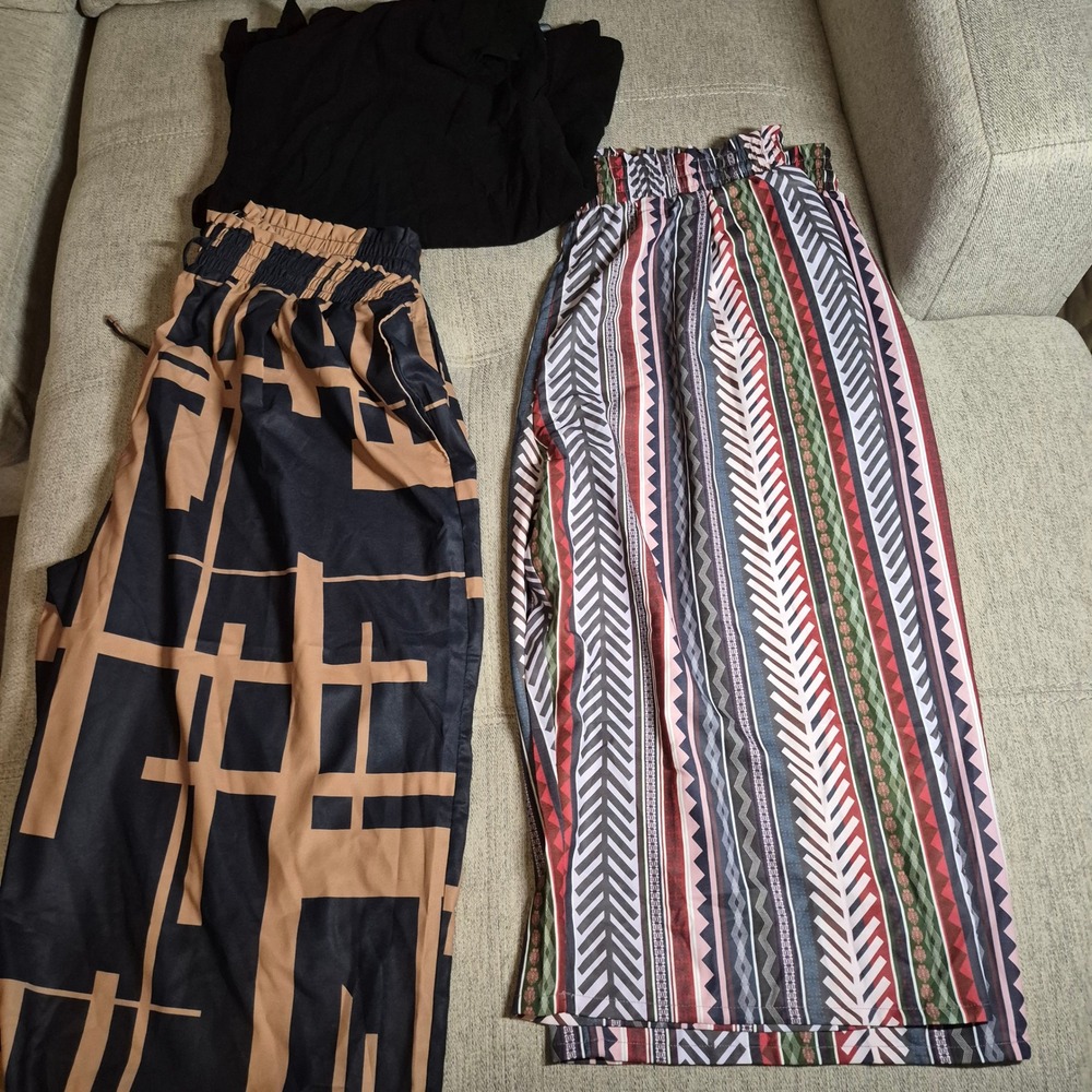 3pc Women Set Black Sleeveless Top(4x) & 2 Pairs Wide Leg Culotte Pants(3x)